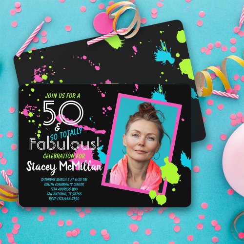 50 and Fabulous 80s Retro Paint Splatter Birthday Invitation