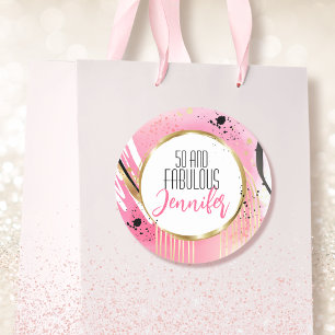 50 and Fabulous Abstract Pink Black Glamorous Bold Classic Round Sticker