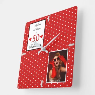 50 and Fabulous Add Photo Red 50th Birthday WH Red Square Wall Clock