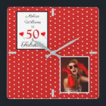 50 and Fabulous Add Photo Red 50th Birthday WH Red Square Wall Clock<br><div class="desc">A 50th birthday parry celebration is not complete without the matching wall clock. Personalize the 50 and Fabulous name and photo The red and black typography theme for this modern, fun, and elegant design. The script style font and the colors can be changed when you customize further. If you need...</div>