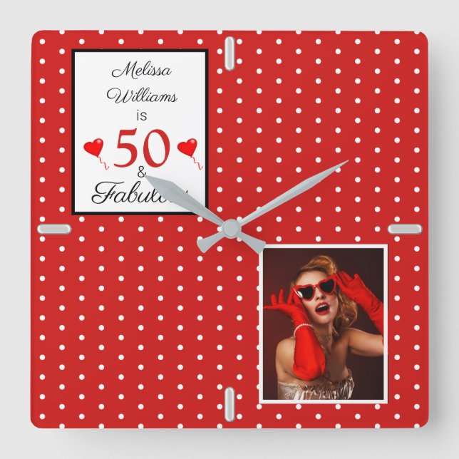 50 and Fabulous Add Photo Red 50th Birthday WH Red Square Wall Clock (Front)