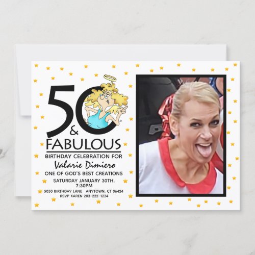 50 and Fabulous Angel Cartoon Photo Birthday Invitation