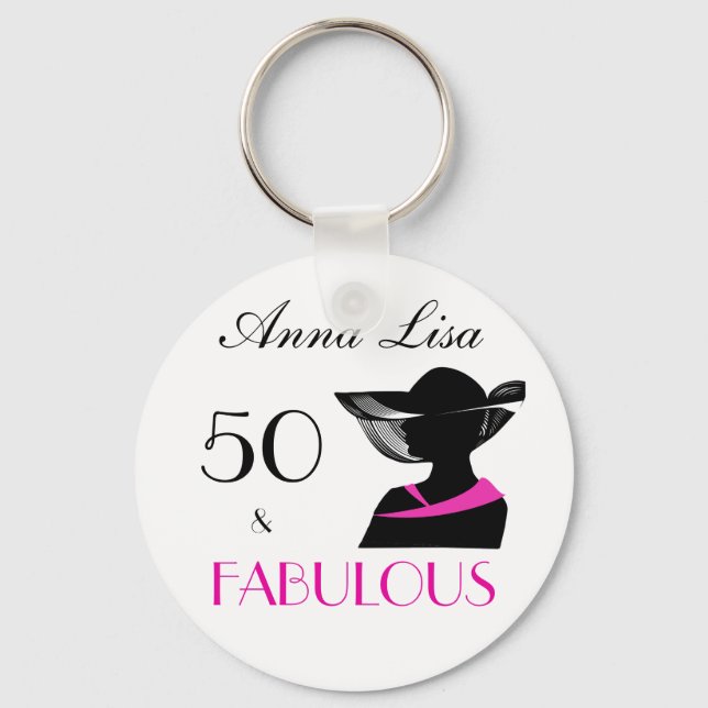 50 and Fabulous Art Deco Elegant  B&W pink splash Keychain (Front)