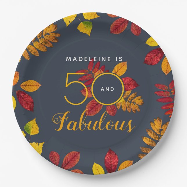 50 And Fabulous Autumn Leaves Birthday Paper Plates (Front)