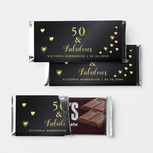 50 and Fabulous Birthday Black and Gold Favor Hershey Bar Favors (Front)
