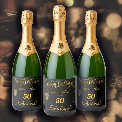 50 and Fabulous Birthday Black and Gold Sparkling Wine Label