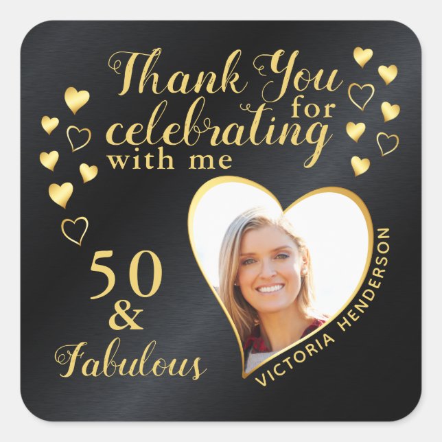 50 and Fabulous Birthday Black and Gold Thank You Square Sticker (Front)