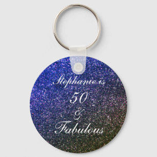 50 And Fabulous Birthday Black Blue Glitter Ombre Keychain