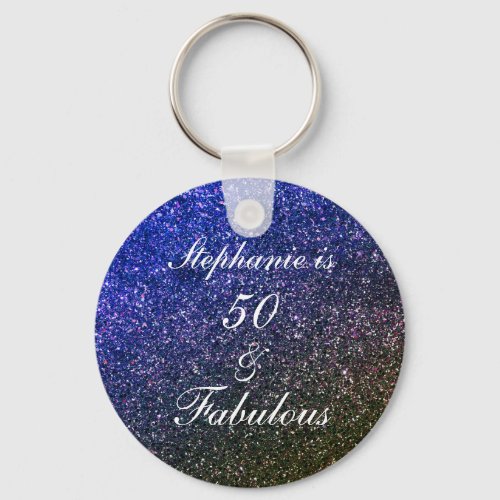 50 And Fabulous Birthday Black Blue Glitter Ombre Keychain