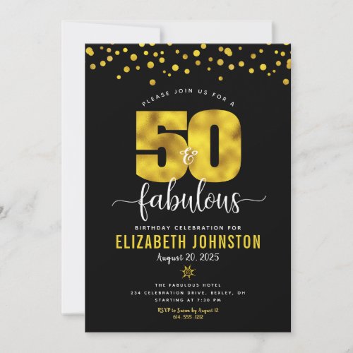 50 and fabulous birthday black gold chic glam dots invitation