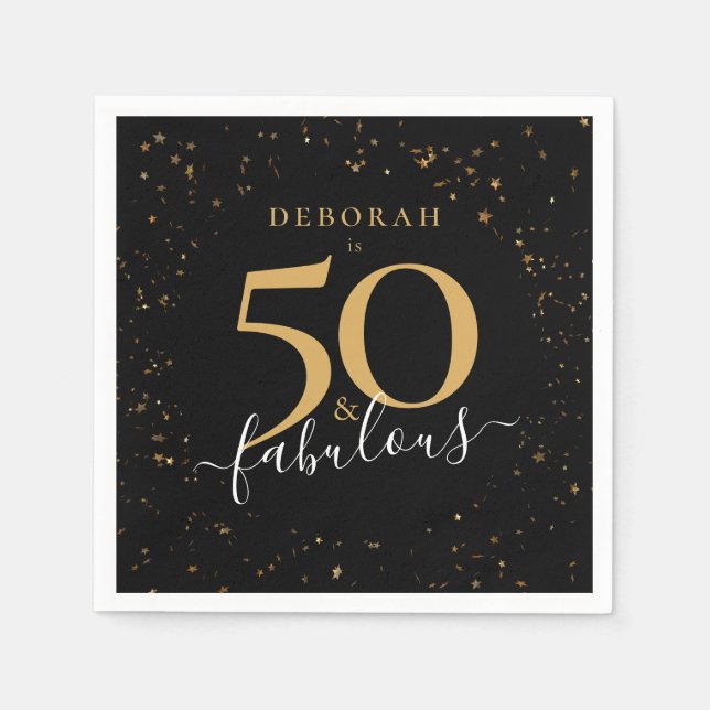 50 and Fabulous Birthday Black Gold Confetti Chic Napkins (Front)