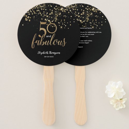 50 and fabulous Birthday Black gold confetti Hand Fan