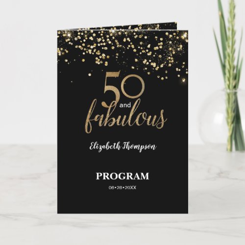 50 and fabulous Birthday Black gold confetti Program