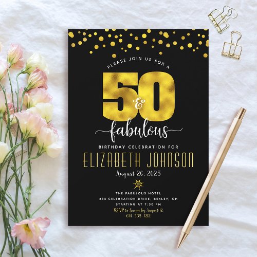 50 and fabulous birthday black gold foil confetti invitation