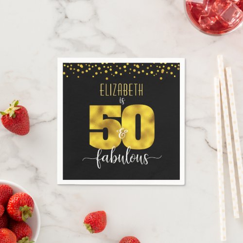 50 and fabulous birthday black gold foil confetti napkins