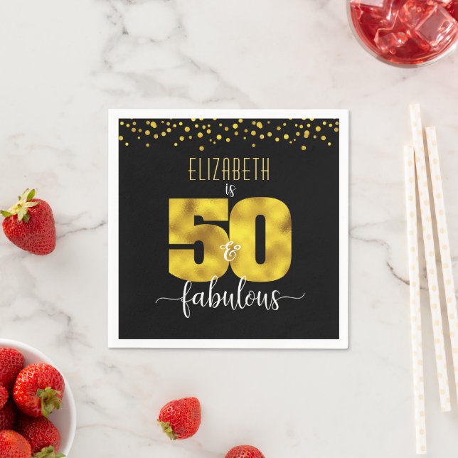 50 and fabulous birthday black gold foil confetti napkins (Insitu)