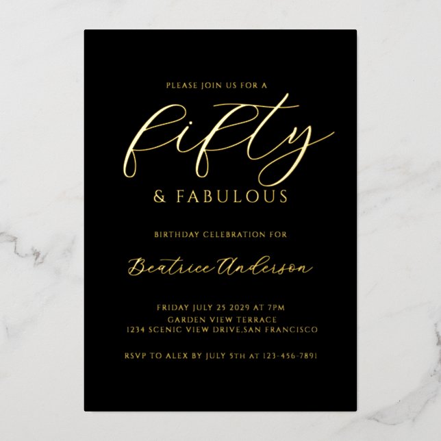 50 and Fabulous Birthday Black Gold Foil Invitation (Front)
