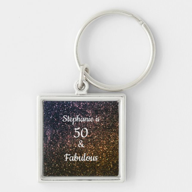 50 And Fabulous Birthday Black Gold Glitter Ombre Keychain (Front)
