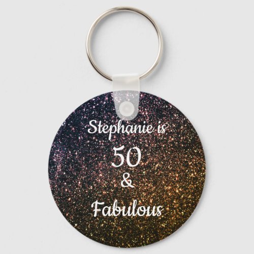 50 And Fabulous Birthday Black Gold Glitter Ombre Keychain