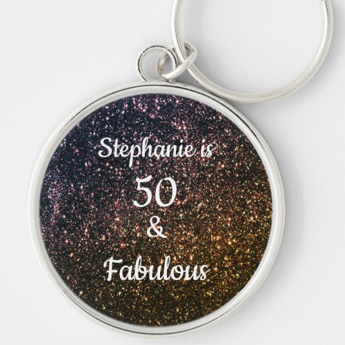 50 And Fabulous Birthday Black Gold Glitter Ombre Keychain