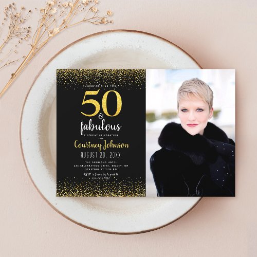 50 and fabulous birthday black gold glitter photo invitation