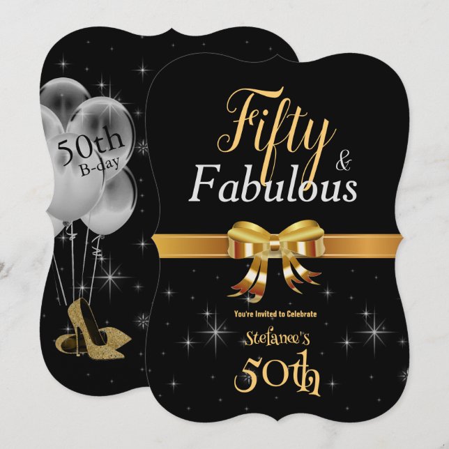 50 and Fabulous Birthday Black & Gold  Invitation (Front/Back)