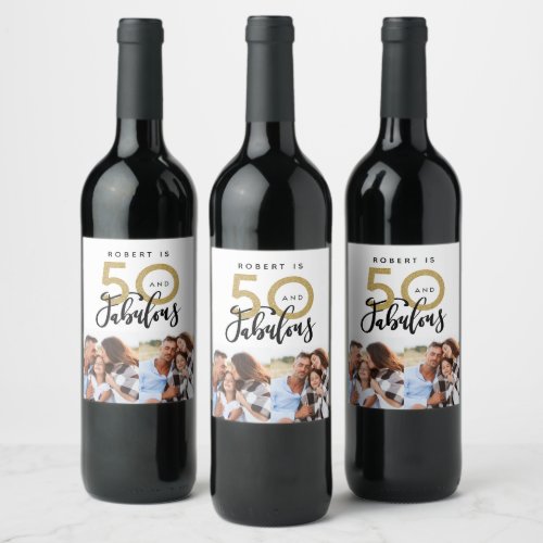50 and fabulous birthday black gold multi photo wine label