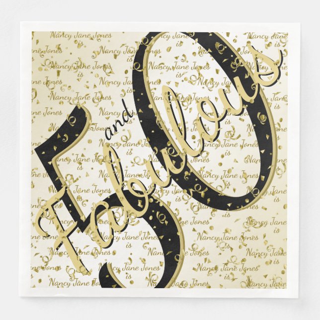 50 and Fabulous birthday black/Gold Script Paper Dinner Napkins (Front)