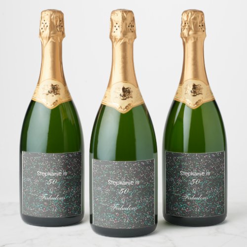 50 And Fabulous Birthday Black Green Glitter Cool Sparkling Wine Label