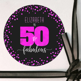 50 and fabulous birthday black hot pink foil dots classic round sticker