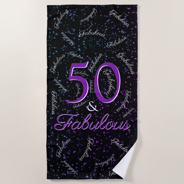 50 And Fabulous Birthday Black Purple Elegant Beach Towel (Front)