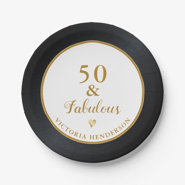 50 and Fabulous Birthday Black White Gold Paper Plates (Front)