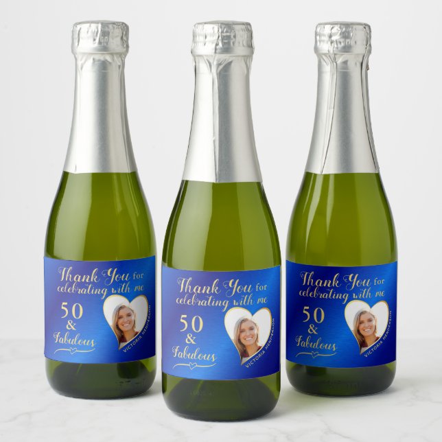 50 and Fabulous Birthday Blue and Gold Favors Mini Sparkling Wine Label (Bottles)