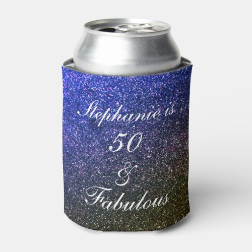 50 And Fabulous Birthday Blue Black White Glitter Can Cooler