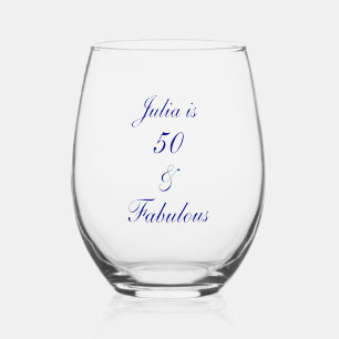 50 And Fabulous Birthday Blue Elegant Gift Favor Stemless Wine Glass