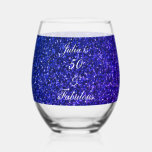 50 And Fabulous Birthday Blue Glitter Gift Favor Stemless Wine Glass<br><div class="desc">Designed with pretty,  girly and beautiful deep blue glittery background and personalized text template for name which you can edit,  this is perfect for the 50th birthday celebrations!</div>