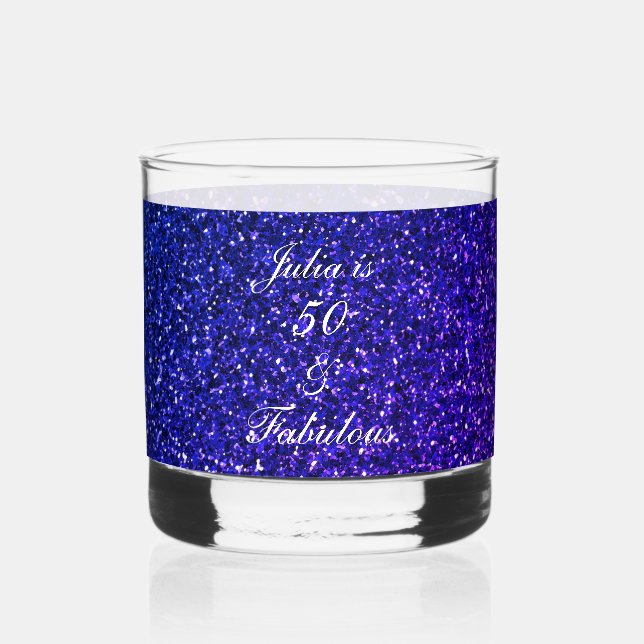 50 And Fabulous Birthday Blue Glitter Gift Favor Whiskey Glass (Front)