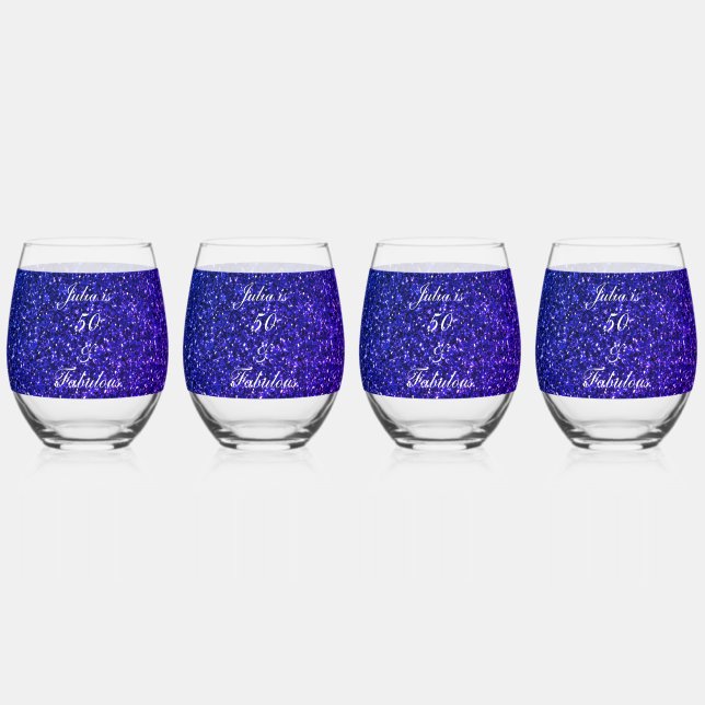 50 And Fabulous Birthday Blue Glitter Gift Set Stemless Wine Glass (Back)