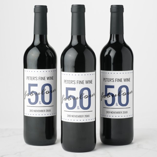 50 and Fabulous Birthday Blue Personalized Wine Label (Bottles)