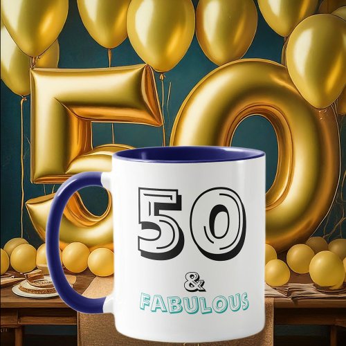 50 and Fabulous Birthday Blue Typography Mug