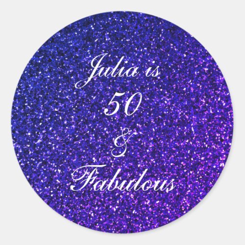 50 And Fabulous Birthday Blue White Glitter Trendy Classic Round Sticker