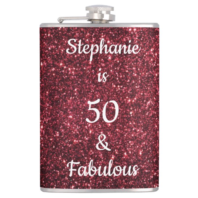 50 And Fabulous Birthday Burgundy Red Pink Glitter Flask (Front)