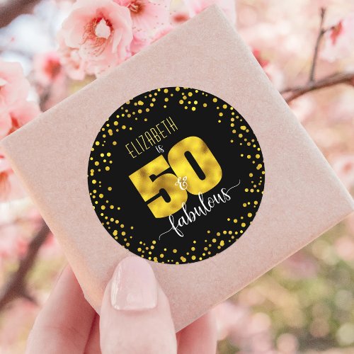 50 and fabulous birthday chic gold foil dots black classic round sticker