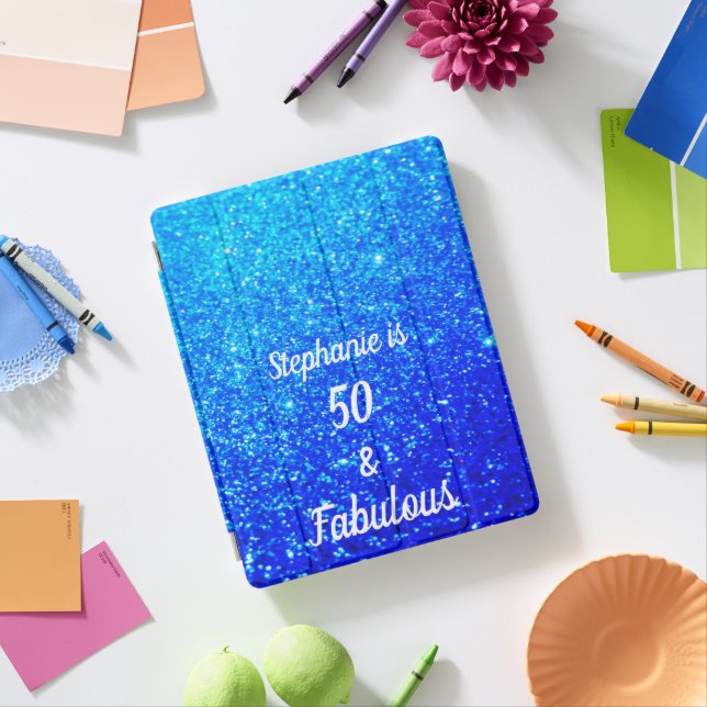 50 And Fabulous Birthday Deep Blue Ombre Glittery iPad Smart Cover (In Situ)