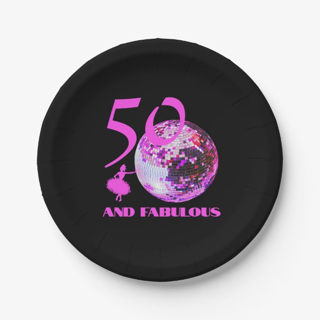 50 and Fabulous birthday disco dancer black Paper Plates (Front)
