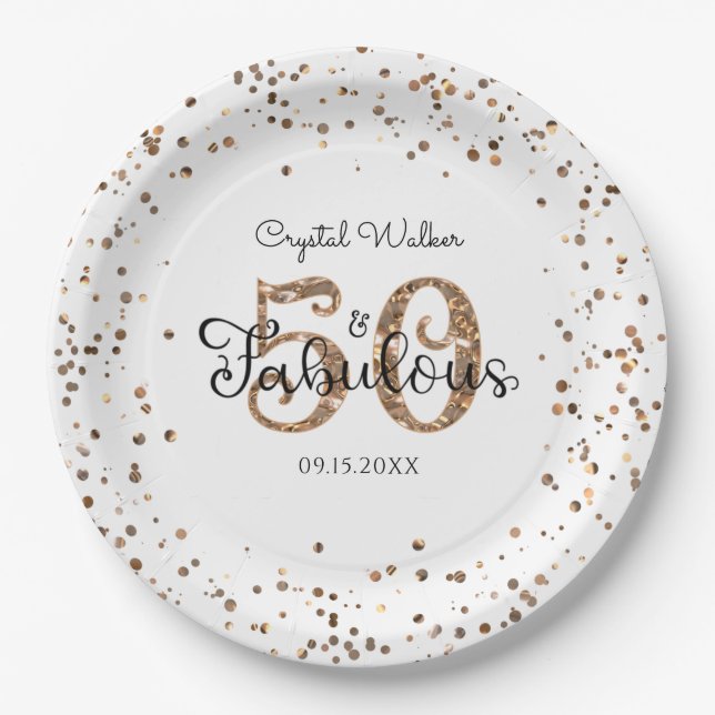 50 AND FABULOUS Birthday Elegant Copper Gold Name Paper Plates (Front)