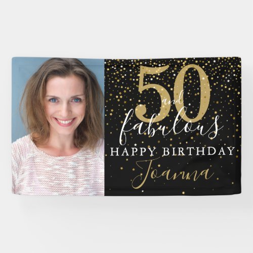 50 and Fabulous Birthday Elegant Gold Black Photo Banner