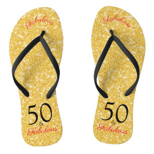50 And Fabulous Birthday Elegant Gold Glitter Flip Flops