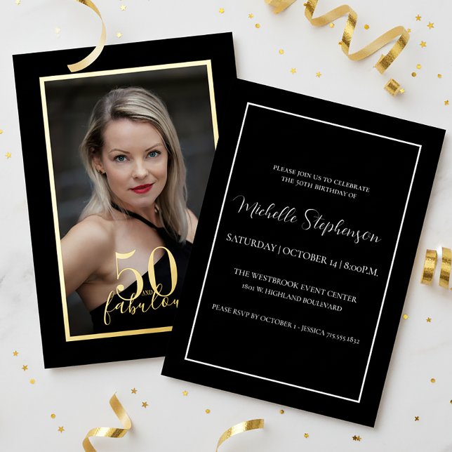 50 and Fabulous Birthday Elegant Photo Black Gold Foil Invitation (Creator Uploaded)