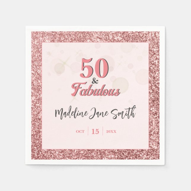 50 and Fabulous Birthday Elegant Rose Pink Glitter Napkins (Front)